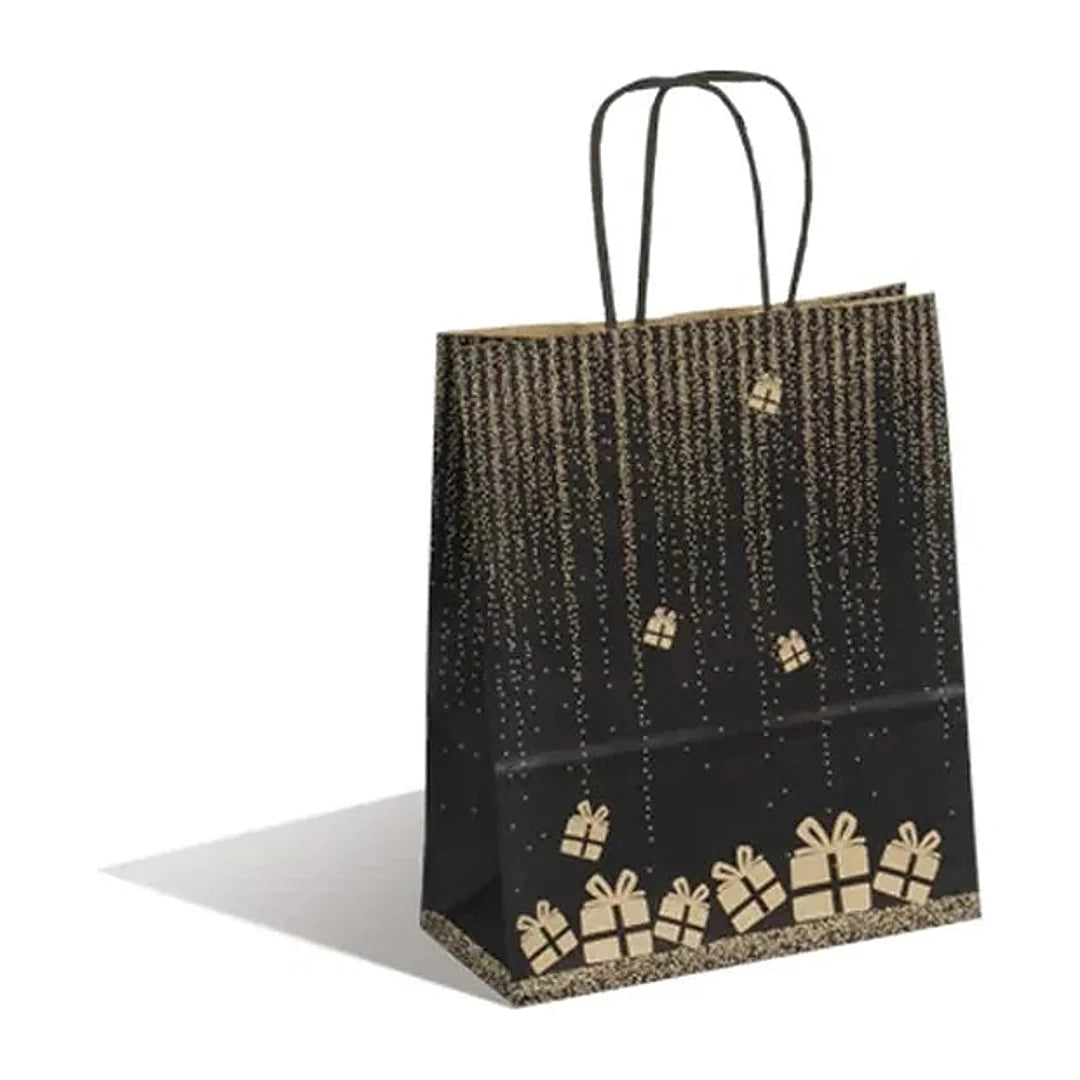Sac kraft brun imprimé motif cadeaux poignées torsadées noires format 18x22 cm, lot de 50