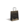 Sac kraft brun imprimé motif cadeaux poignées torsadées noires format 18x22 cm, lot de 50