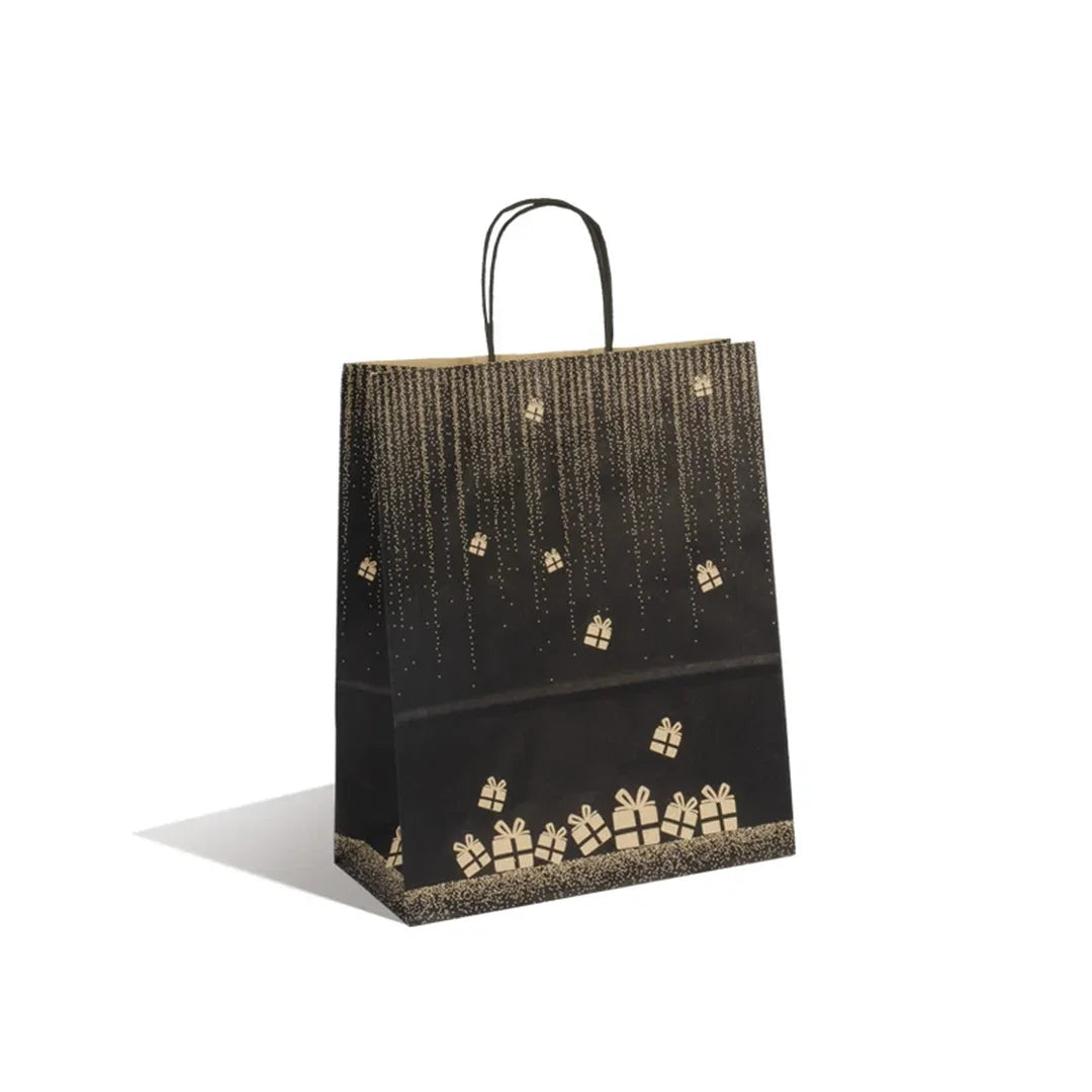 Sac papier kraft brun motif cadeaux poignées torsadées noires format 26x31 cm, conditionnement 50 pièces