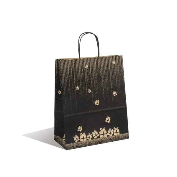 Sac papier kraft brun motif cadeaux poignées torsadées noires format 26x31 cm, conditionnement 50 pièces