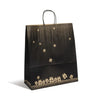Grand sac kraft brun imprimé motif cadeaux poignées torsadées noires format 35x40 cm, usage boutique