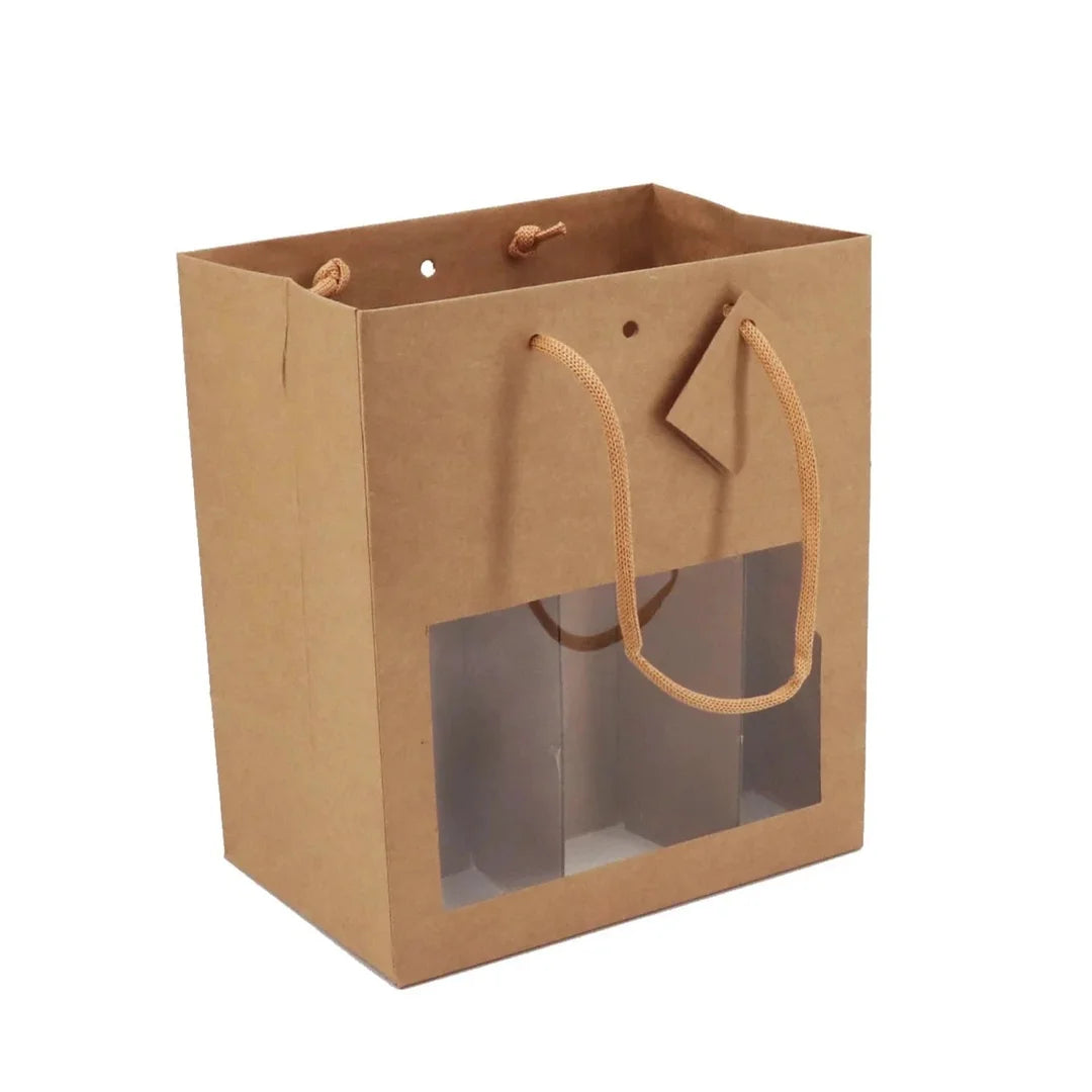 Sac kraft naturel avec fenêtre transparente pour 6 petites bouteilles de 33 cl, emballage cadeau professionnel