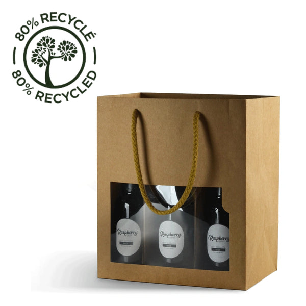 Sac kraft brun avec fenêtre pour 6 petites bouteilles, idéal pour épiceries fines, caves et emballages cadeaux écologiques