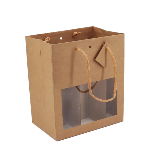 Sac kraft brun avec fenêtre pour 6 petites bouteilles, idéal pour épiceries fines, caves et emballages cadeaux écologiques
