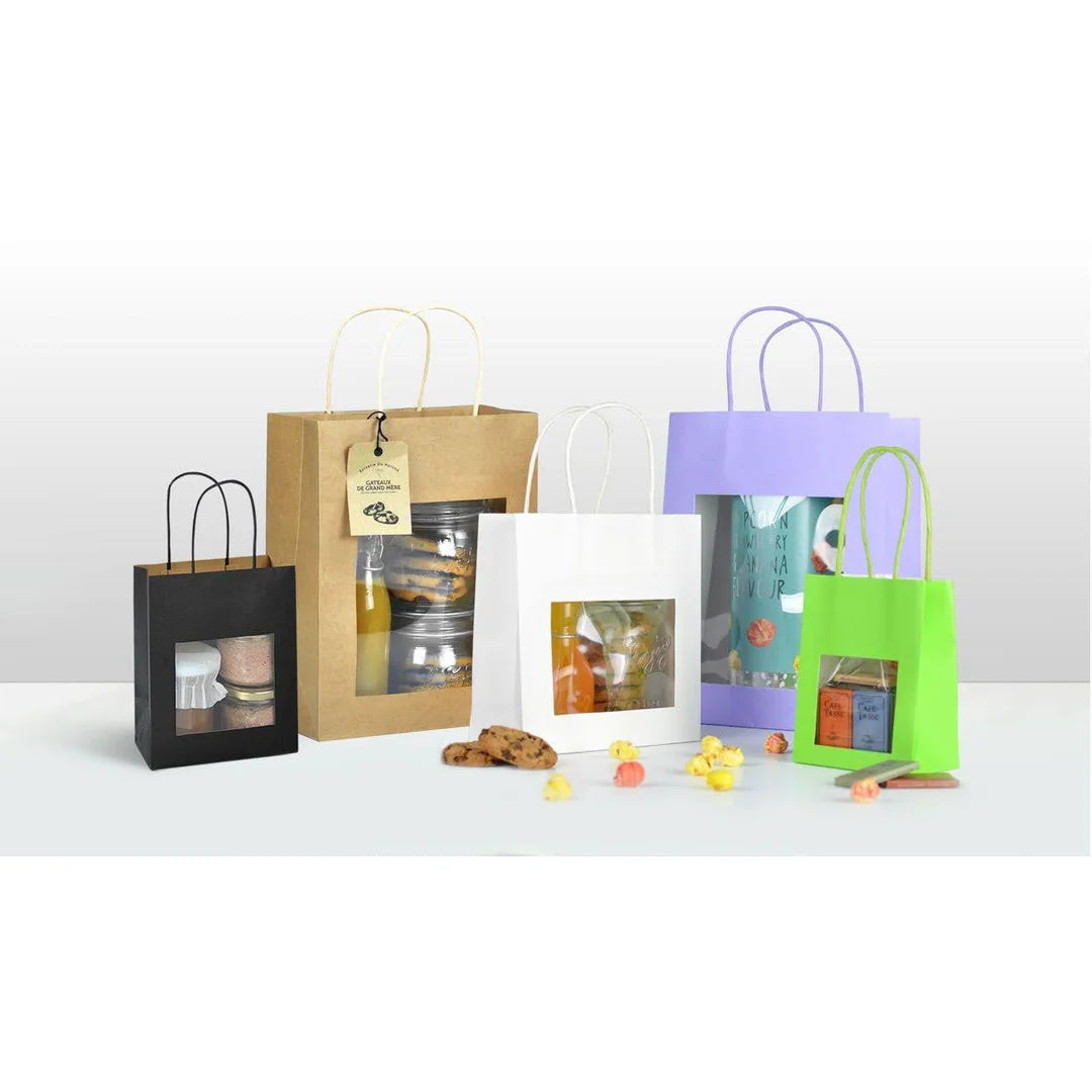 Assortiment sacs papier kraft avec fenêtre transparente, 3 couleurs et 4 formats pour commerce