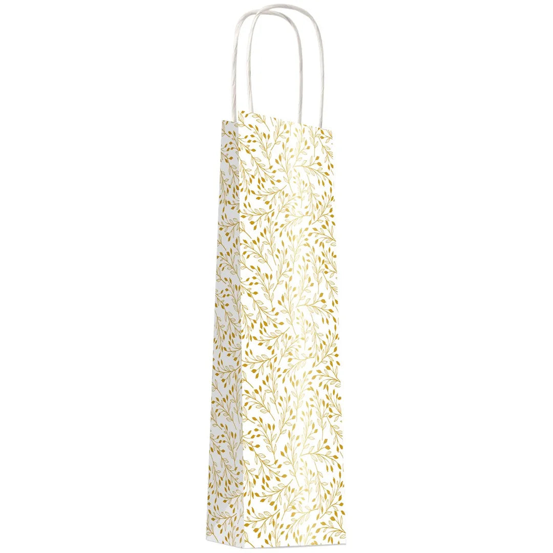 Détail poignées torsadées sac kraft luxe blanc décor végétal doré pour magasin