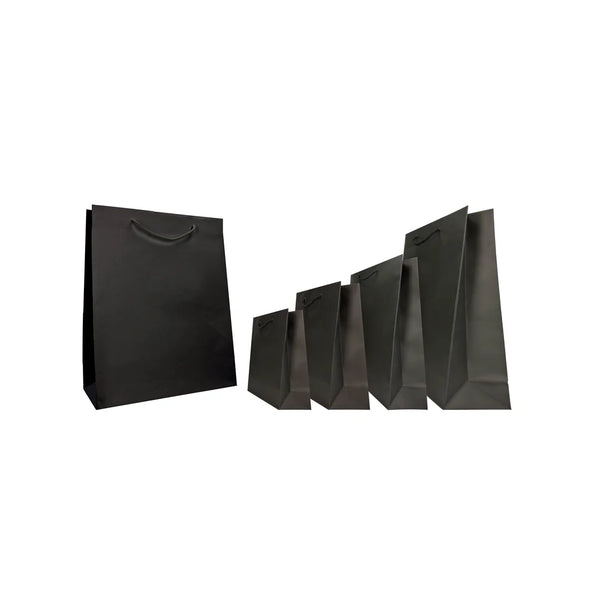 Sacs kraft luxe 160 g en coloris noir et blanc avec poignées coton, gamme 5 formats pour boutiques