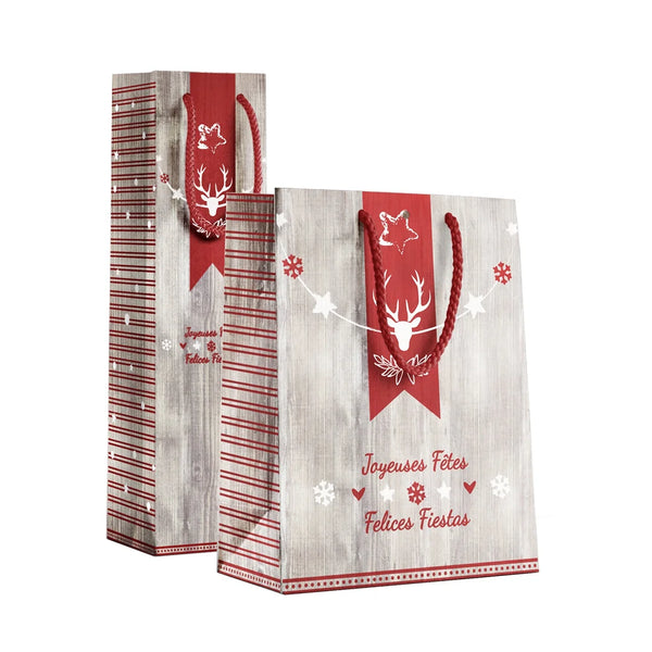 Sac kraft Noël effet bois flotté format 25+13x33 cm, kraft blanc semi-cartonné 175g, poignées corde rouge