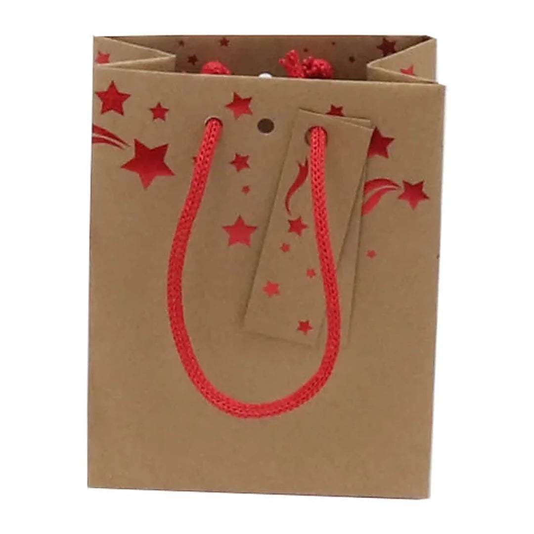 Sac kraft Noël étoiles rouges gaufrées avec fond carton renforcé — emballage cadeau professionnel
