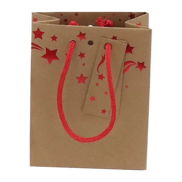Sac kraft Noël étoiles rouges gaufrées avec fond carton renforcé — emballage cadeau professionnel