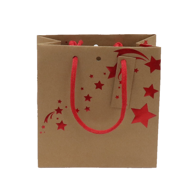 sac kraft Noël 120 g/m² avec étoiles rouges et fond carton renforcé, robuste et recyclable, idéal pour emballages cadeaux, boutiques et épiceries fines