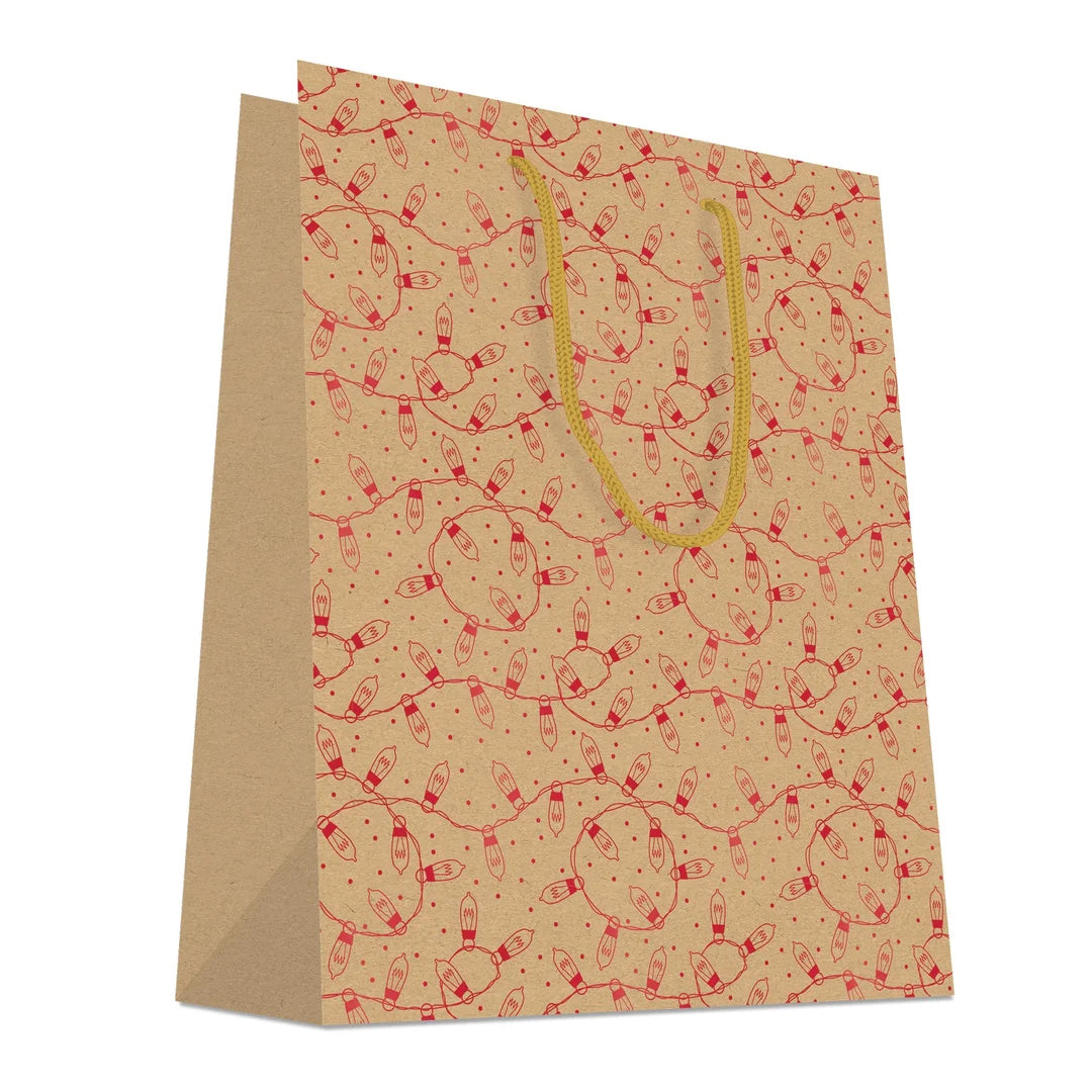Sac kraft cartonné Noël avec guirlandes rouges métallisées imprimées à chaud et poignées cordelettes – 3 formats disponibles