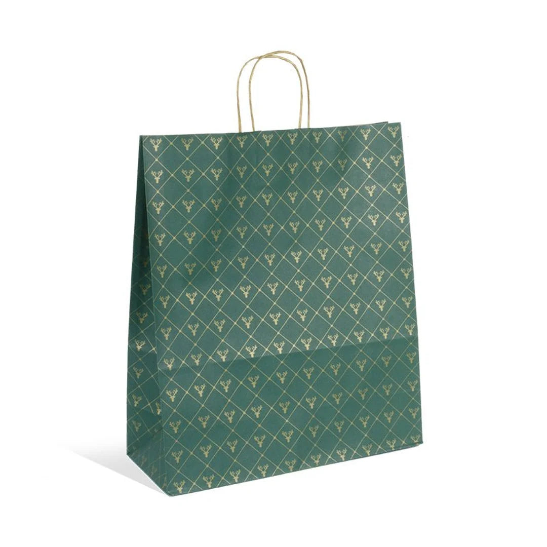 Sac papier kraft vert doré Noël en 3 formats pour emballage cadeau professionnel en boutique