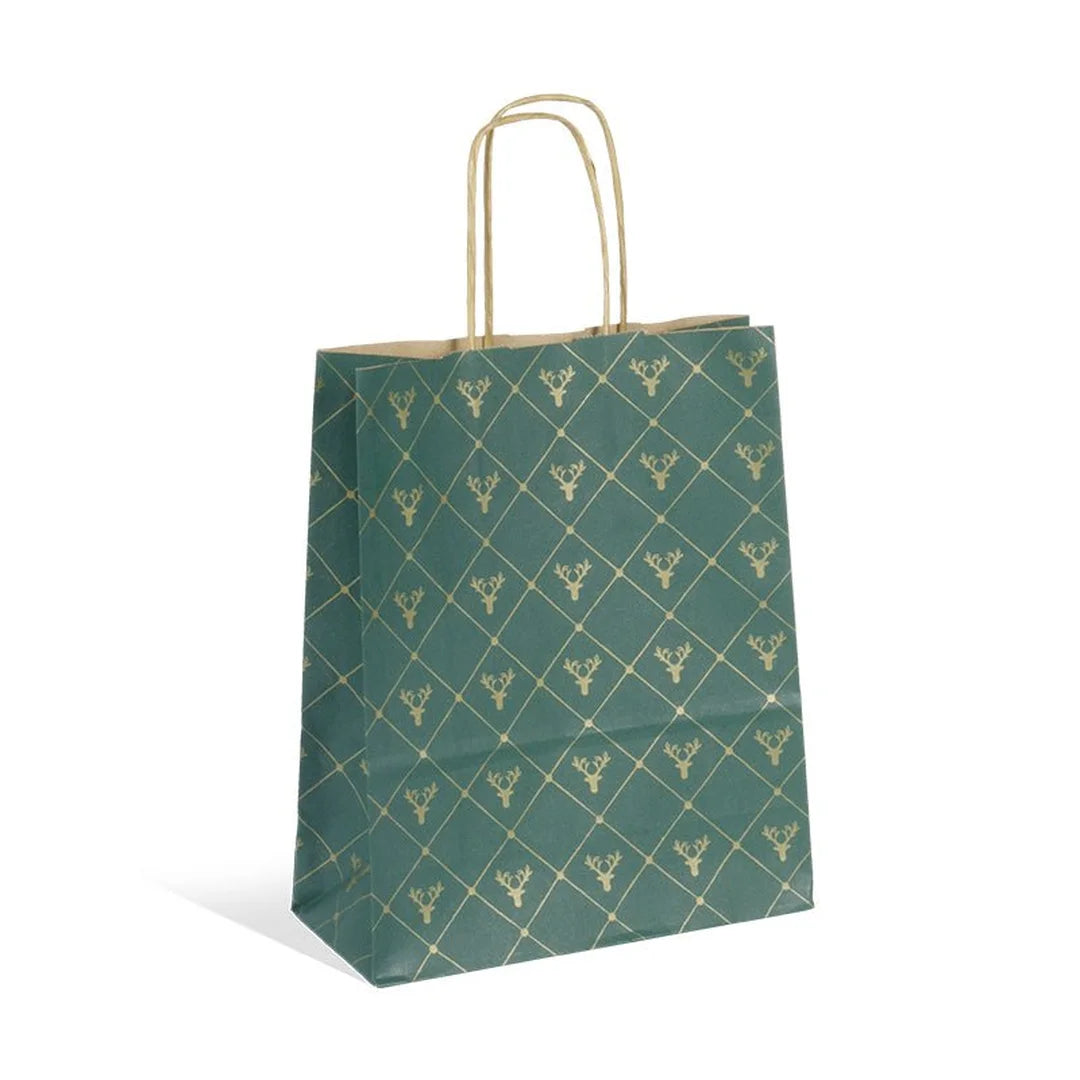 Sac papier kraft Noël vert impression cerfs dorés avec poignées torsadées or, usage professionnel boutique
