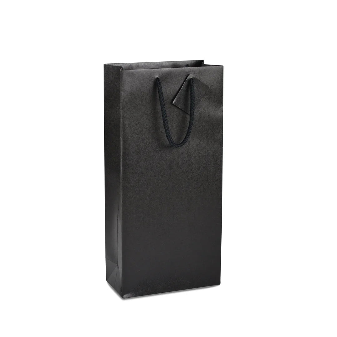 Sac bouteille kraft noir 175 g/m² format 2 bouteilles avec poignées cordon tressé et carte cadeau intégrée