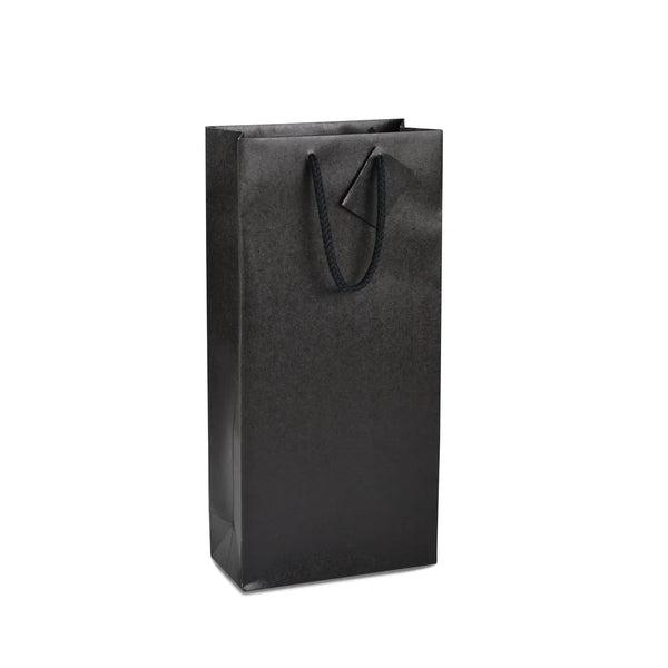 Sac bouteille kraft noir 175 g/m² format 2 bouteilles avec poignées cordon tressé et carte cadeau intégrée