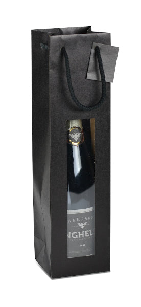 Sac kraft noir avec fenêtre pour 1 bouteille, 175 g/m², avec poignées papier et carte message incluse. Élégant, solide et recyclable.