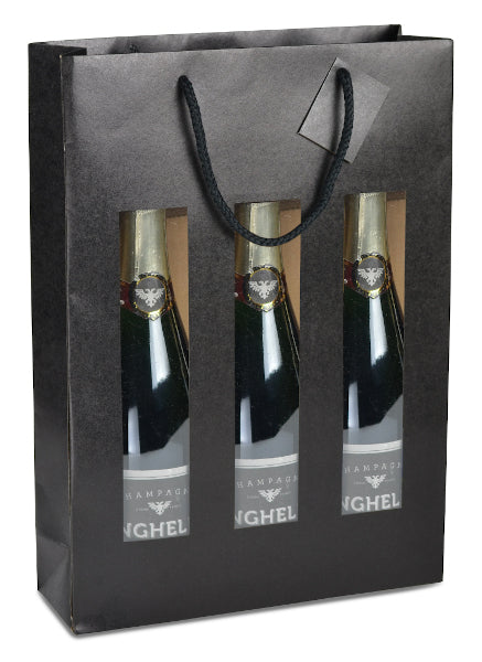 Sac kraft noir avec fenêtre pour 3 bouteilles, 175 g/m², avec poignées papier et carte message incluse. Élégant, solide et recyclable.