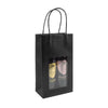 Sac en papier kraft noir avec fenêtre transparente et poignées torsadées, idéal pour mettre en valeur bouteilles ou produits gourmands