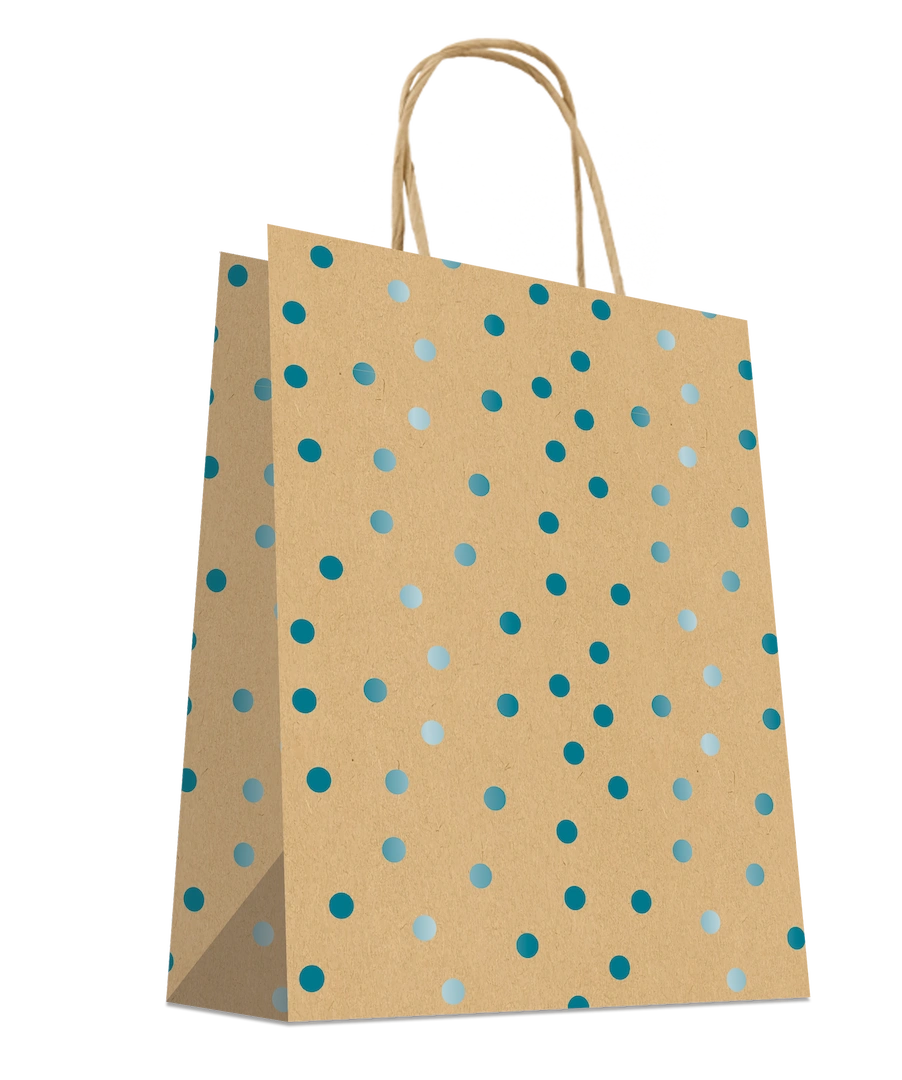 Sacs papier kraft avec pois bleus métallisés et poignées torsadées pour emballage cadeau
