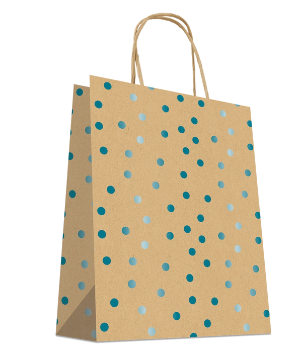 Sacs papier kraft avec pois bleus métallisés et poignées torsadées pour emballage cadeau