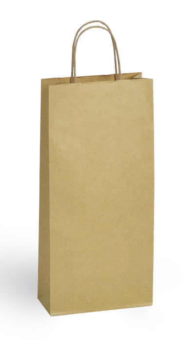 Sac en papier kraft résistant avec poignées torsadées, idéal pour le transport et l’emballage de 2 bouteilles, fabrication européenne