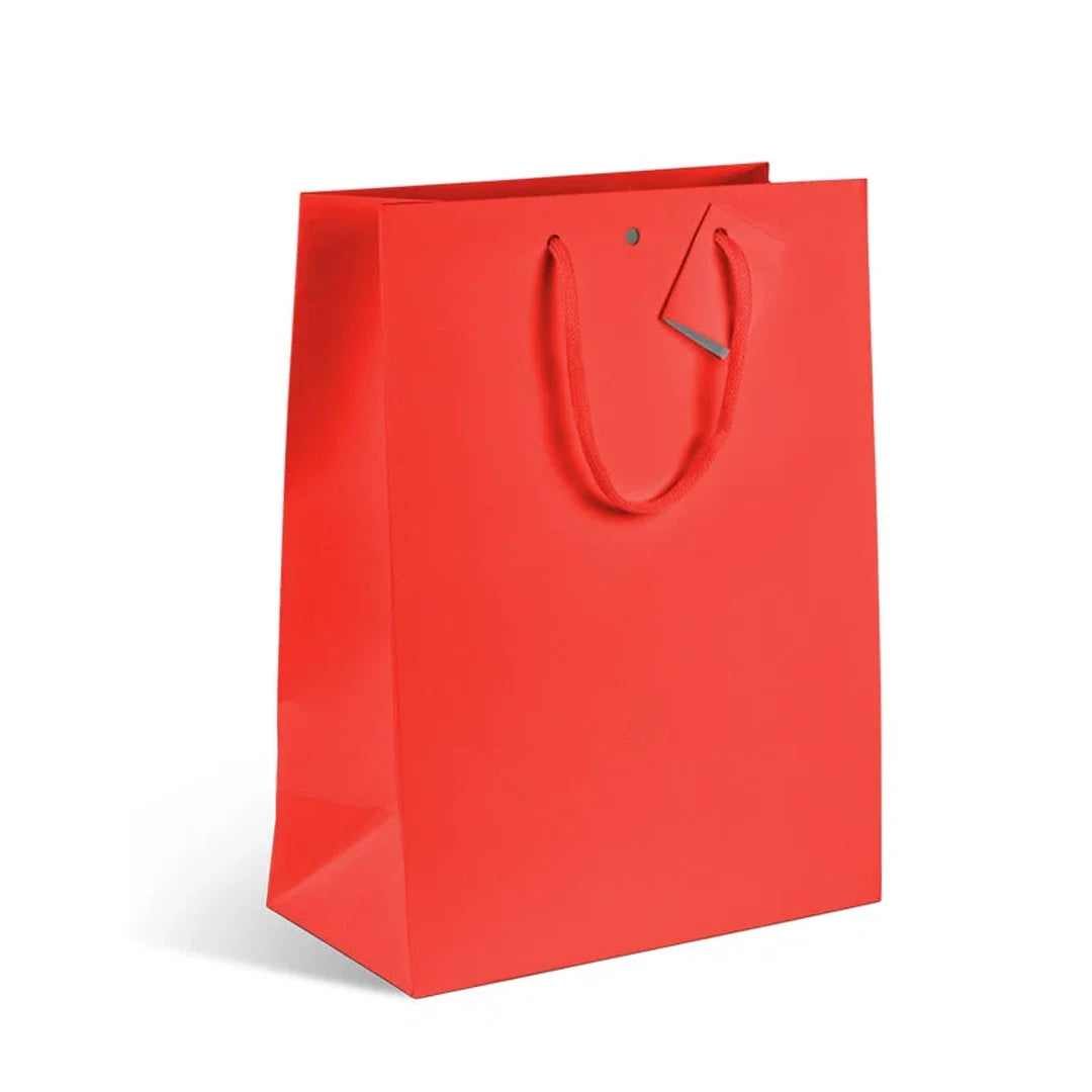 Sac kraft rouge luxe à poignées cordelières papier, grand format 18x22,7 cm, emballage cadeau professionnel