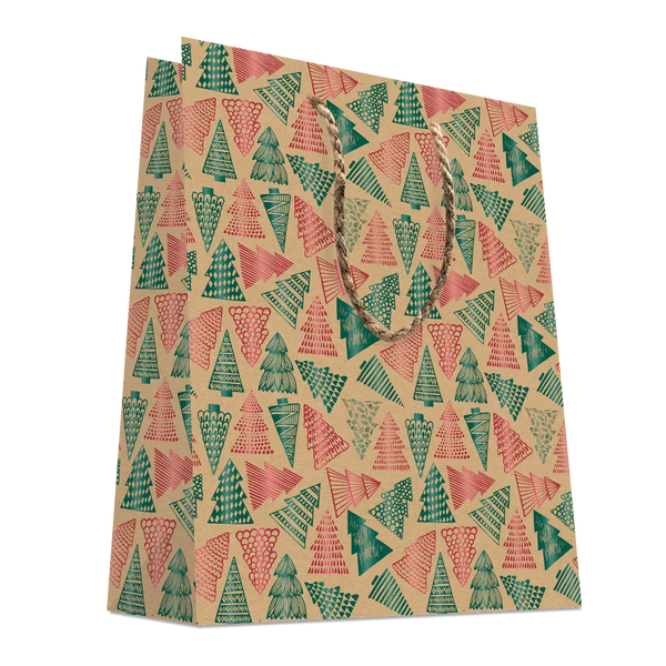 Sacs papier kraft décorés de sapins métallisées rouges et verts pour emballages festifs