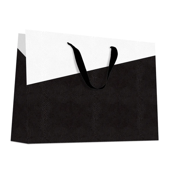 Sac luxe papier gaufré effet lézard noir et blanc avec poignées ruban noir, format horizontal