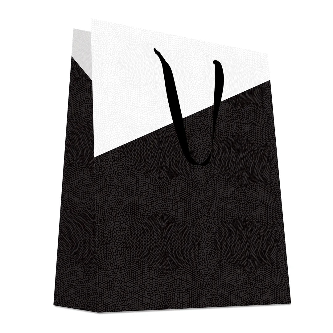 Sac luxe papier gaufré effet lézard noir et blanc avec poignées ruban noir, format vertical
