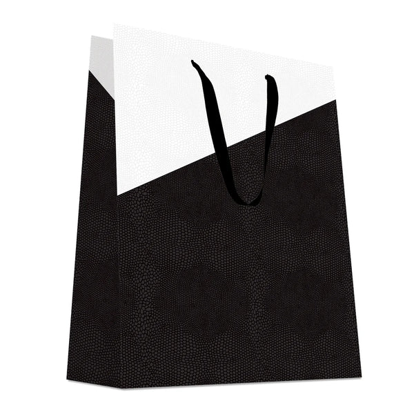 Sac luxe papier gaufré effet lézard noir et blanc avec poignées ruban noir, format vertical