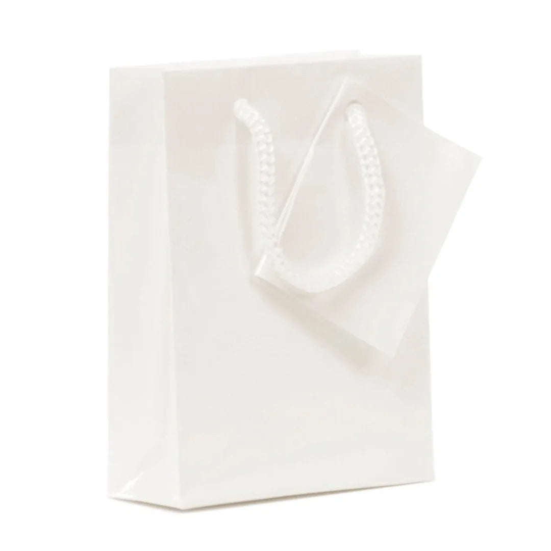 Sac cadeau luxe pelliculé mat blanc Extra Small avec cordon, fond carton, pour boutiques et commerces