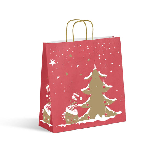 Sac papier Noël kraft blanc avec motif traditionnel imprimé rouge et or mat, poignées torsadées dorées