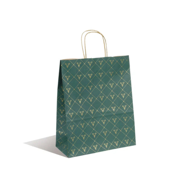 Sac kraft Noël vert et or format moyen 26+12x32 cm, vendu par 50 pour commerces et boutiques