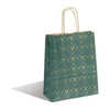 Sac papier kraft Noël vert impression cerfs dorés avec poignées torsadées or, usage professionnel boutique