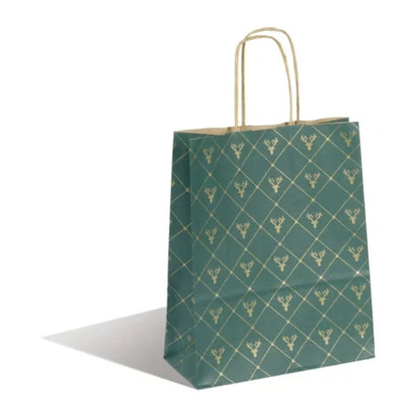 Sac papier kraft Noël vert impression cerfs dorés avec poignées torsadées or, usage professionnel boutique