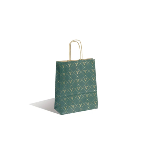 Sac papier kraft Noël vert impression cerfs dorés avec poignées torsadées or, usage professionnel boutique