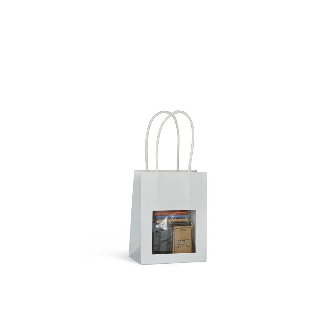 Sac papier kraft blanc avec fenêtre transparente format T1 11,5+6,5x14,7 cm, poignées torsadées