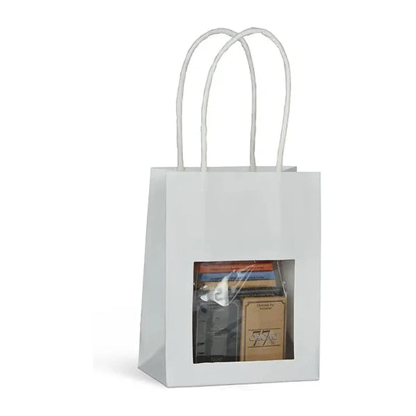 Sac papier kraft blanc avec fenêtre transparente format T1 11,5+6,5x14,7 cm, poignées torsadées