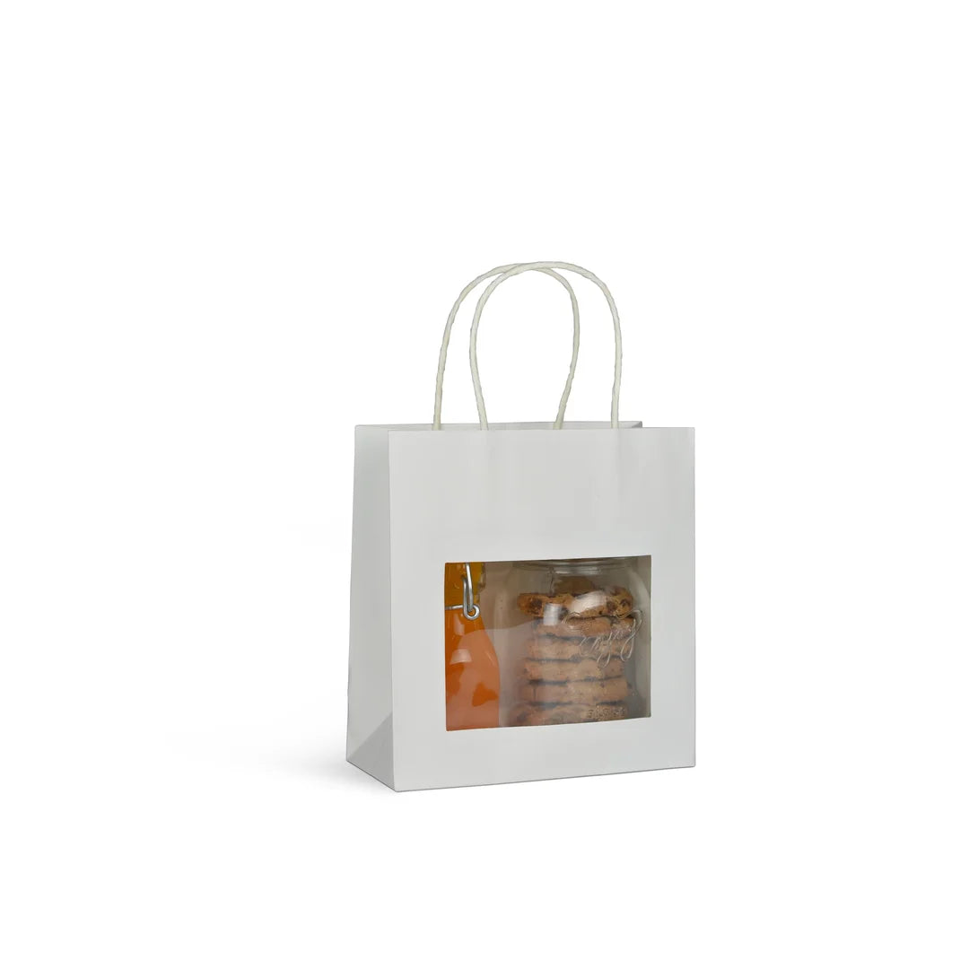 Sac papier kraft blanc avec fenêtre transparente format T2 18+8x19 cm, poignées torsadées