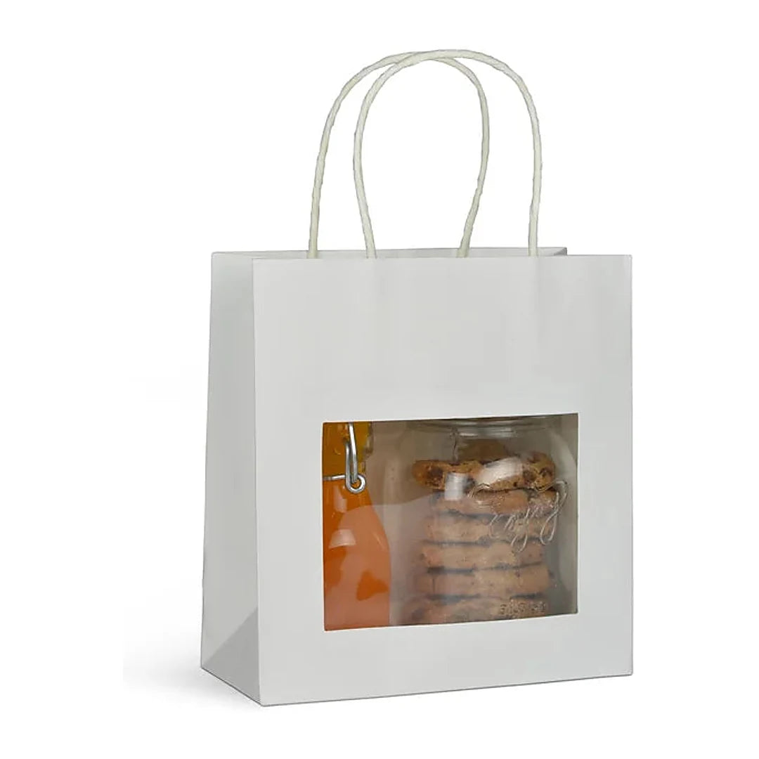 Sac papier kraft blanc avec fenêtre transparente format T2 18+8x19 cm, poignées torsadées