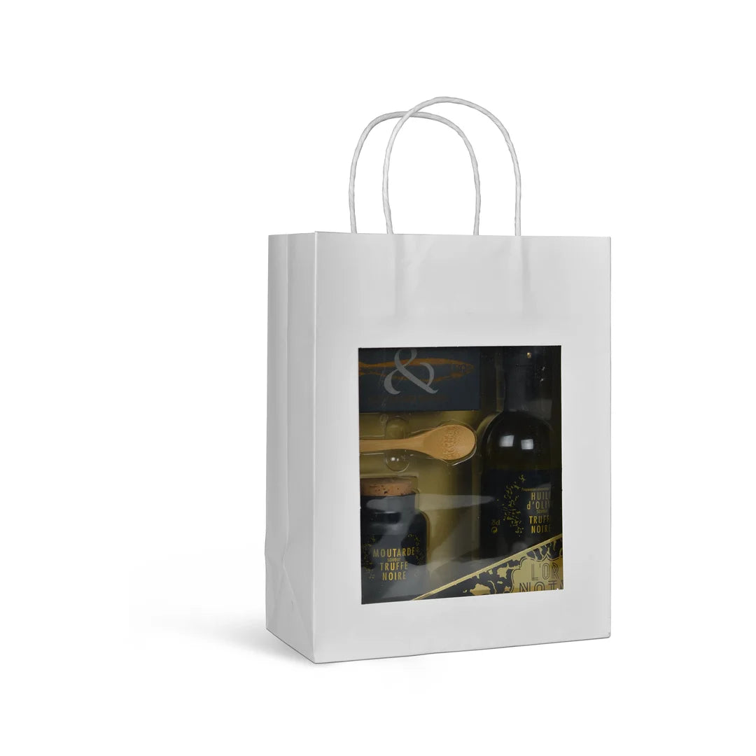 Sac papier kraft blanc avec fenêtre transparente format T3 22+11x28 cm, poignées torsadées