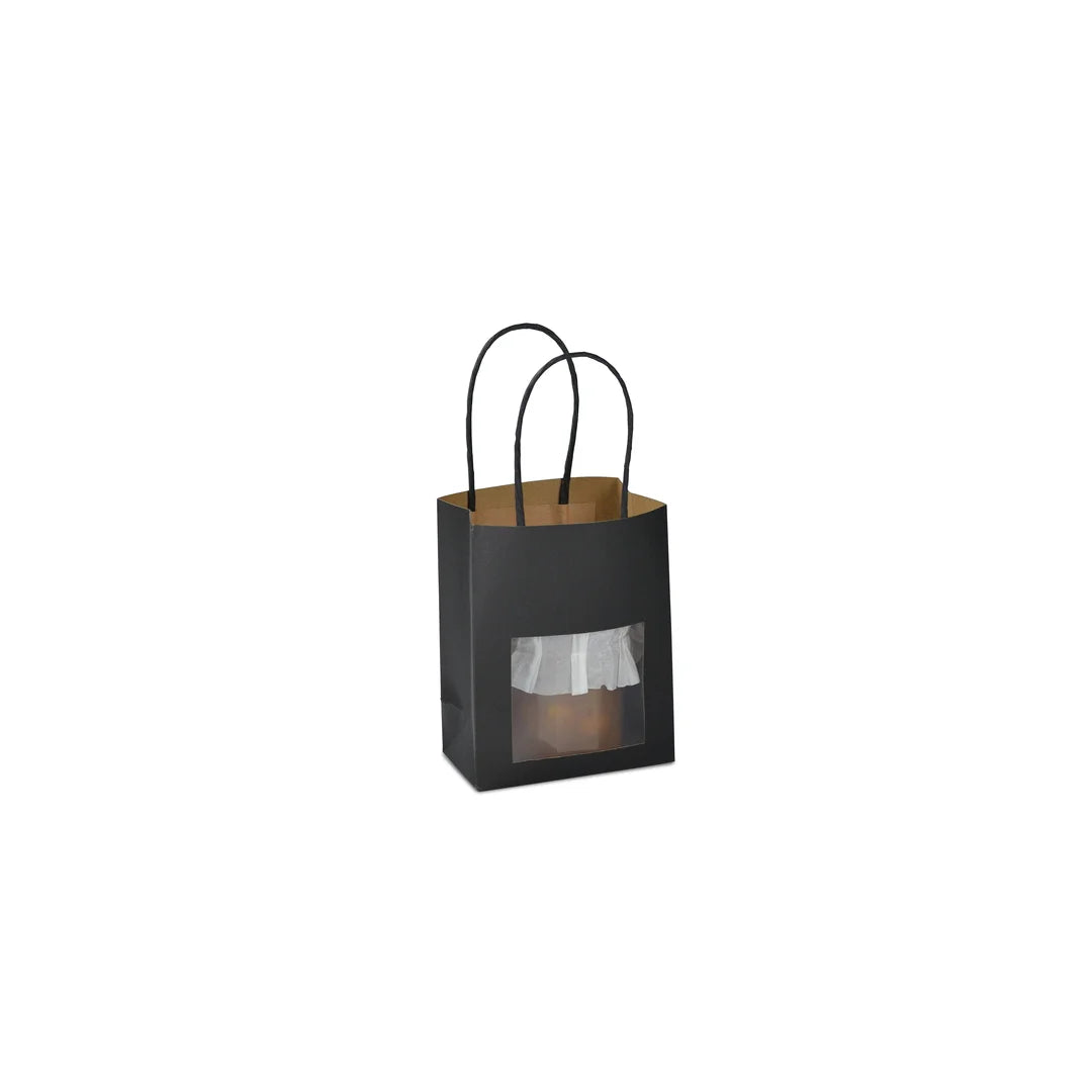 Sac papier kraft noir avec fenêtre transparente format T1 11,5+6,5x14,7 cm, poignées torsadées