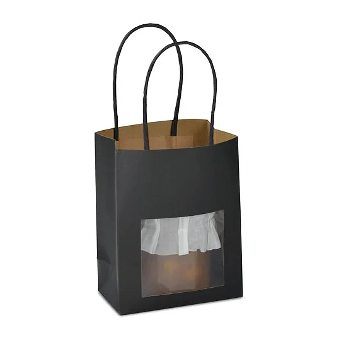 Sac papier kraft noir avec fenêtre transparente format T1 11,5+6,5x14,7 cm, poignées torsadées