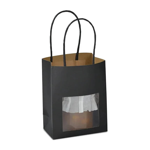Sac papier kraft noir avec fenêtre transparente format T1 11,5+6,5x14,7 cm, poignées torsadées