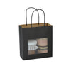 Sac papier kraft noir avec fenêtre transparente format T2 18+8x19 cm, poignées torsadées