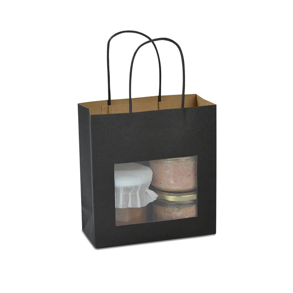 Sac papier kraft noir avec fenêtre transparente format T2 18+8x19 cm, poignées torsadées
