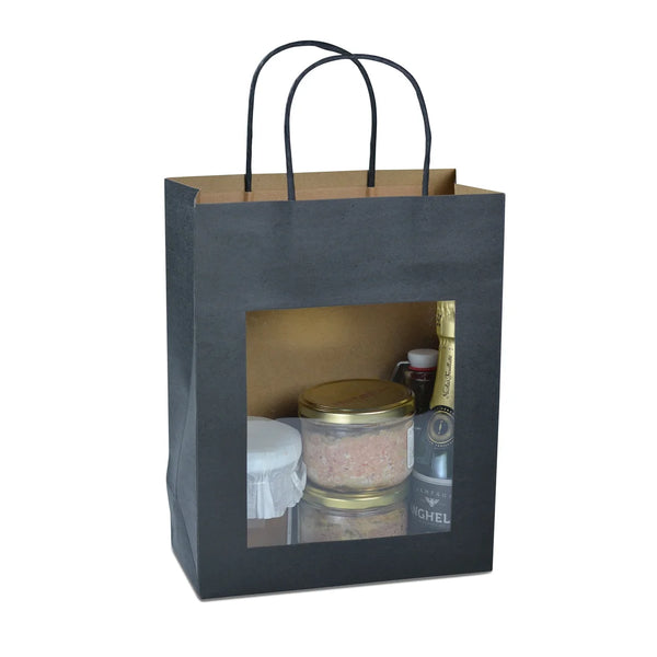 Sac papier kraft noir avec fenêtre transparente format T3 22+11x28 cm, poignées torsadées