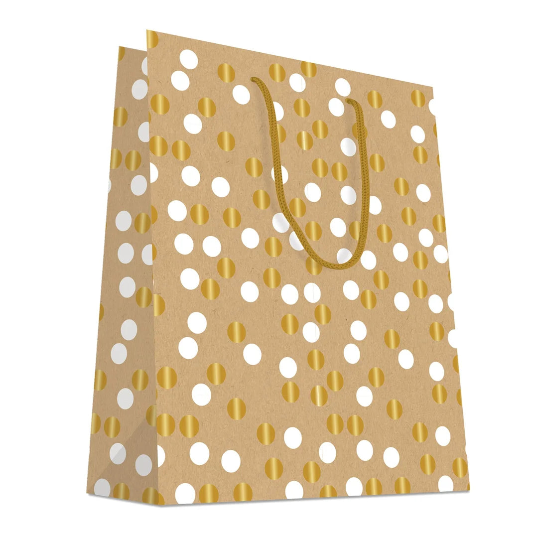 Sac papier kraft à pois blancs et dorés avec poignées corde torsadées, emballage cadeau boutique