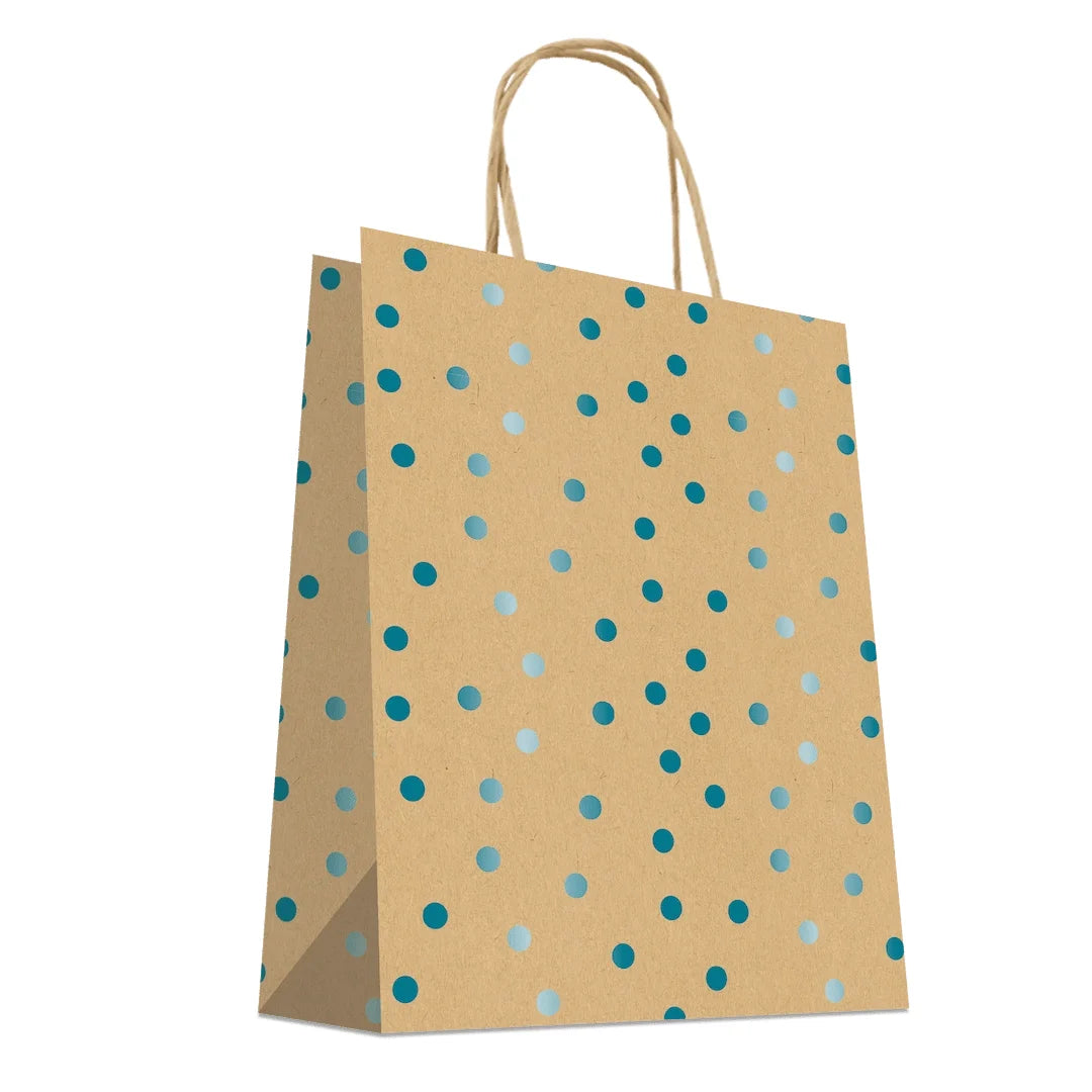 Sac papier kraft à pois bleus métallisés avec poignées torsadées – emballage professionnel pour boutique